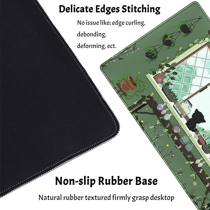 Cute Kawaii Green Plant Desk Mat Anime Aesthetic Mousepad Pixel Art XXL Large Gaming Mouse Pad Laptop Keyboard Mat Desk Pad 31.5x15.75 in, Office Home Decor for Women Girl