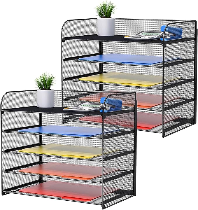 2 Pack Legal/A4/Letter Size Desk Paper Organizer Desktop File Organizer Document Sorter, 5 Tier Mesh Letter Tray File Folder Holder Office Accessories Organization