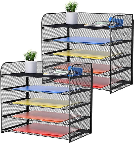 2 Pack Legal/A4/Letter Size Desk Paper Organizer Desktop File Organizer Document Sorter, 5 Tier Mesh Letter Tray File Folder Holder Office Accessories Organization