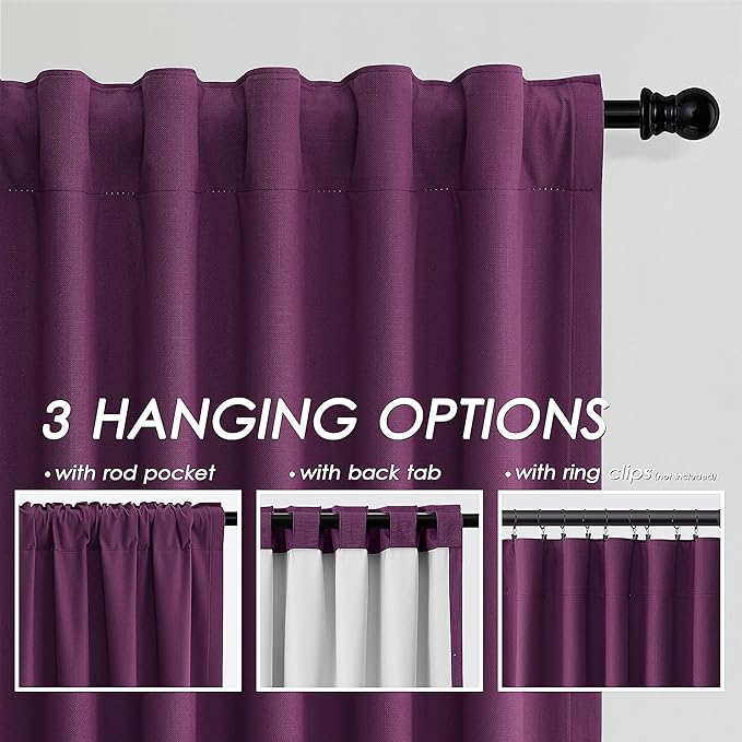 Nanspring Purple Linen Blackout Curtains 84 Inches Long Back Tab Burlap Flax Bedroom Blackout Curtains 2 Panel Sets Rustic Farmhouse Full Light Blocking Thermal Insulated Curtain 84 Inch Length
