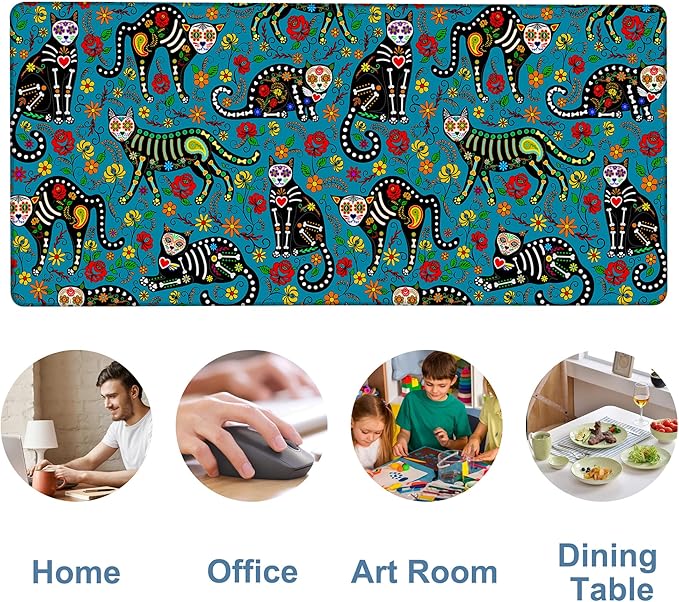 Sugar Skull Black Cats Gaming Mouse Pad 3mm Thick Stitched Edge Waterproof Non-Slip Large Computer Keyboard Mouse Mat,Suitable for Office Entertainment Decorative Desk Pad 35.4 x 15.7 Inches