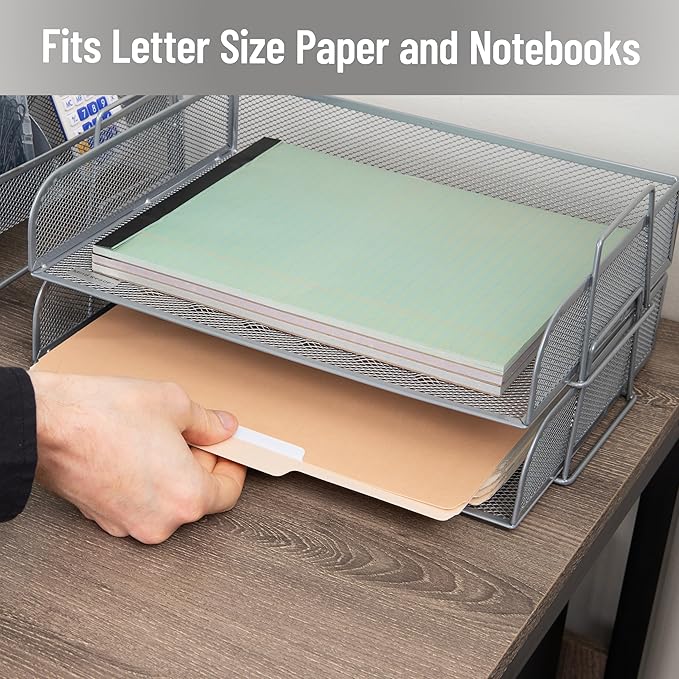 Mind Reader Stackable Paper Tray, Desktop Organizer, File Storage, Office, Metal Mesh, 13.25" L x 9.75" W x 6.25" H, 2 Pcs., Silver