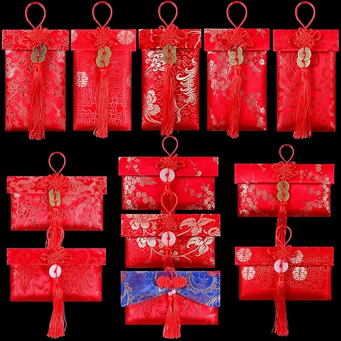 12 Pieces Silk Red Envelope Chinese Red Pocket Lucky Money Hong Bao Card Envelope for Spring Festival Wedding New Year Birthday, 12 Styles with Chinese Knot Jade Pendant Copper Coin