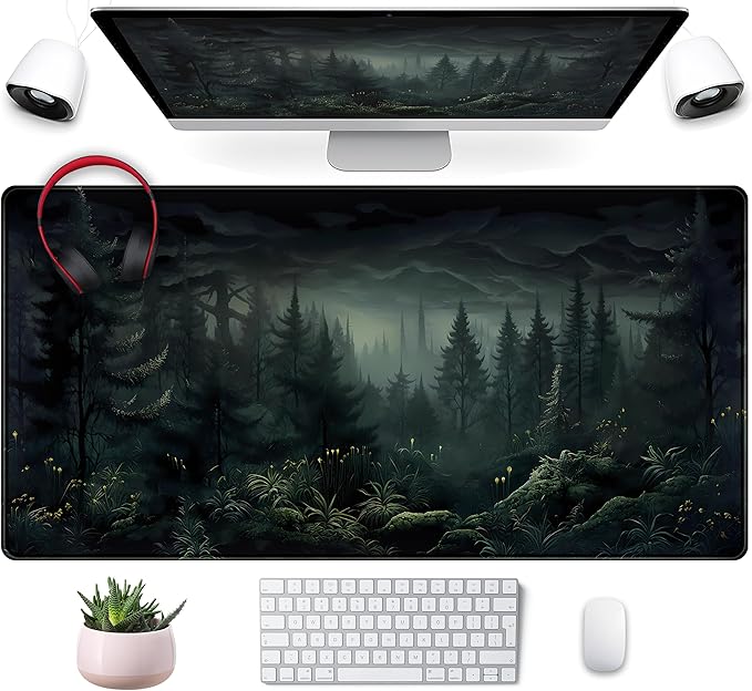 Cute Dark Gloomy Forest Desk Mat, Gothic XXL Large Extended Gaming Mouse Pad Mat, Non-Slip Rubber Base Mousepad Computer Keyboard and Mouse Mat, Desk Pad with Stitched Edges, 31.5x15.75 in