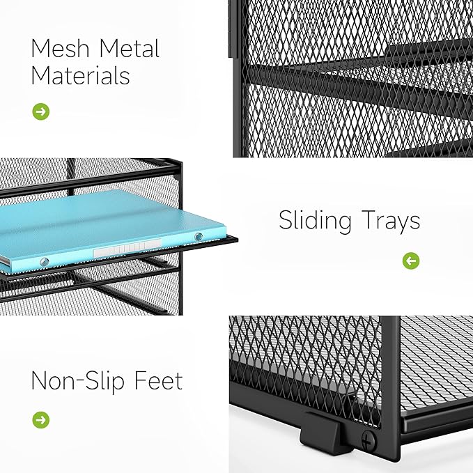 Lavatino 3-Tier Letter Tray Desk Paper Organizer – Black Mesh Metal File Tray Organizer for Desk, Office Supplies & Home Organization | Fits A4/Letter Paper, Mail, Magazines and Office Accessories