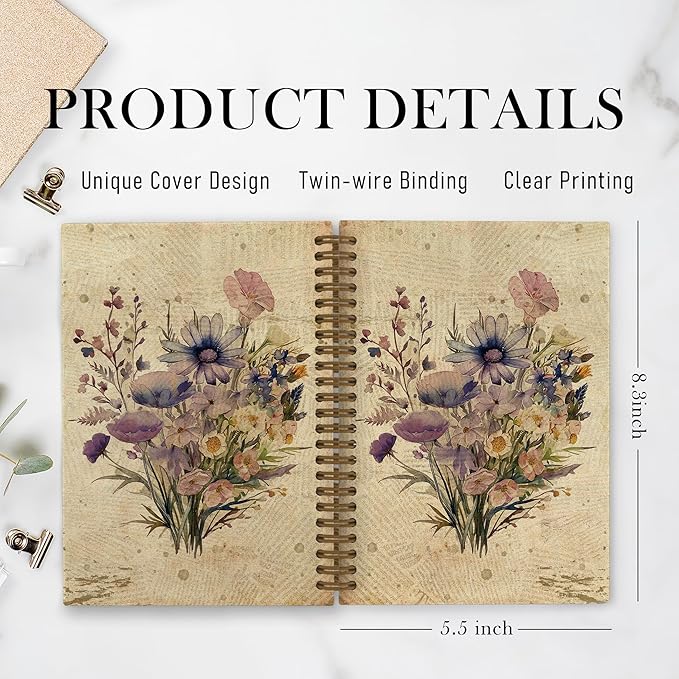 Vintage Purple Floral Spiral Notebook, Flower Journal Notebook, Floral Journal, Boho Botanical Office Supplies Gifts for Women Men, Retro Floral Plant Notebooks for School Work, 5.5x8.3 Inch