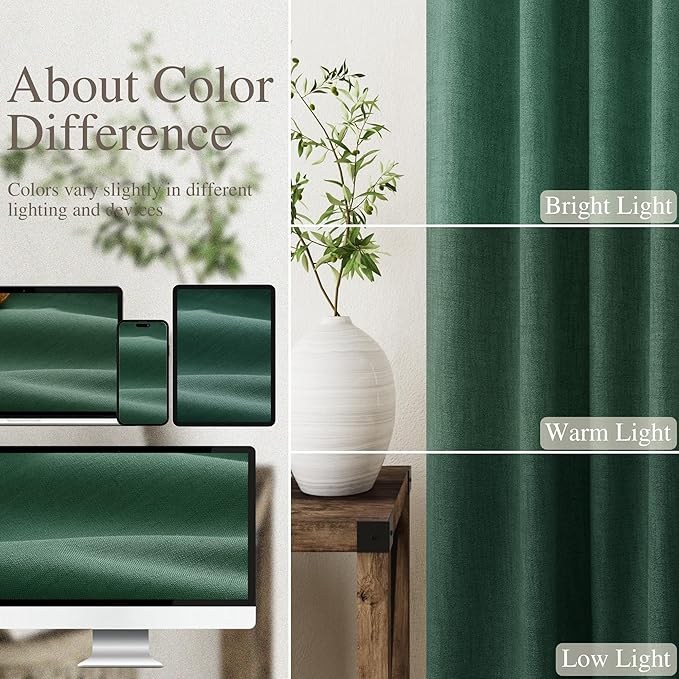 Nanspring Green Linen Blackout Curtains 72 inch Length for Living Room Boho Farmhouse Back Tab Rod Pocket Thermal Insulated Textured Living Room Blackout Curtains 2 Panels Set 52x72 Inch