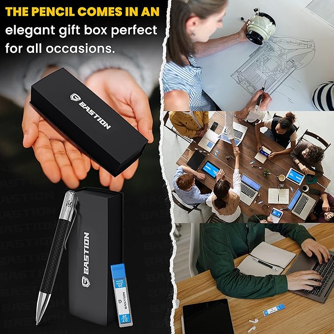 BASTION® Luxury Mechanical Pencil, Professional Medium Point Pencil for Birthday Gift includes 20 x 0.77mm Lead Refills - Carbon Fiber Stainless Steel