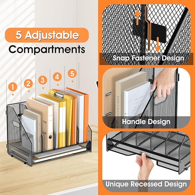 Desk File Folder Holder Organizer-5 Vertical Compartments Racks and Paper Letter Tray,Mesh Magazine File Holder Sorter,Desktop Accessories & Workspace Organizers for Home,Office,School-Black