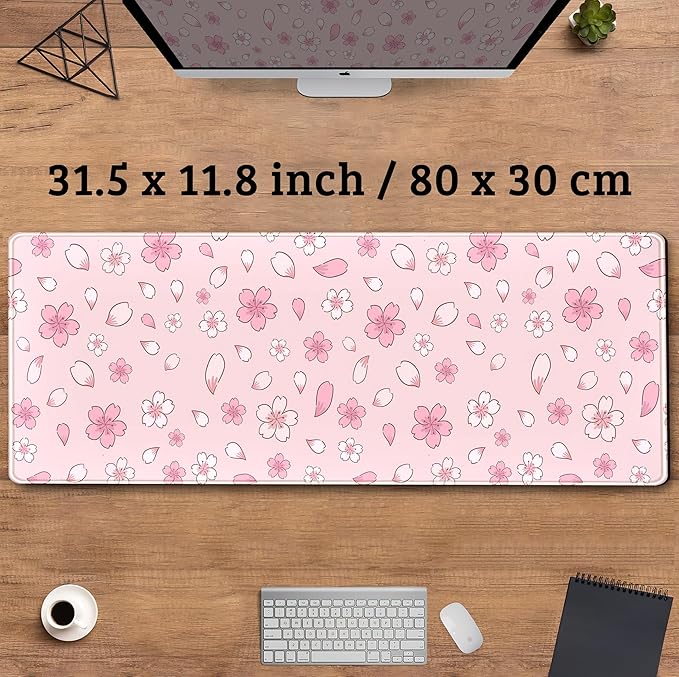 Cherry Blossom Mouse Pad Kawaii Pink XL Large Extended Gaming Desk Mat Cute Pastel Anime Desk Pad Aesthetics Laptop Keyboard Mouse Mat Women Office Decor Mousepad with Stitched Edges 31.5''x11.8''