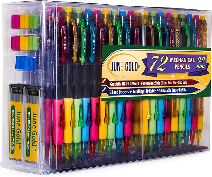 June Gold 72 Mechanical Pencils, 0.9 mm HB #2 Lead, 2 Dispensers/w 160 Graphite Refills & 16 Refill Erasers, Break Resistant Lead, Convenient Side Click & Soft Non-Slip Grip