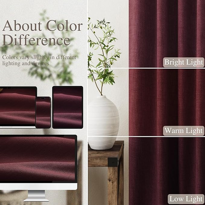 Nanspring Burgundy Linen Blackout Curtains 108 Inches Long Loop Pocket Rod Pocket Flax Linen Sound Absorbing Light Blocking 2 Panels Set for Dining Room Modern Urban Curtains Drapes 52x108
