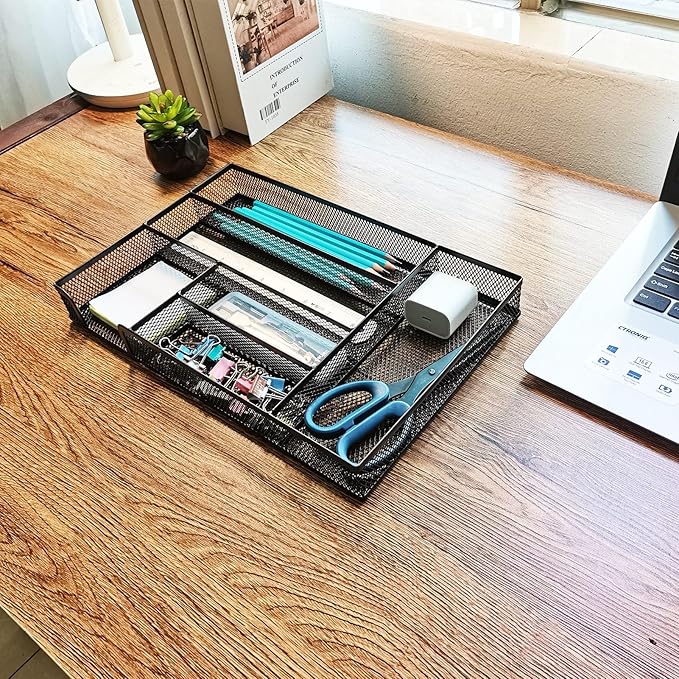 New Desk Drawer Organizer, Desk Organizer,Metal Mesh Office Drawer Organizer Tray, 6 Compartments for Office School Home,12.6 x 8.27 x 1.57 inch, Black (1pc pack)