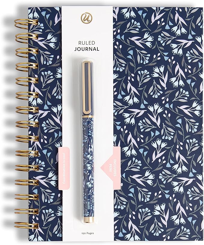 U Brands Navy Floral Spiral Bound Journal and Pen Set, Gold-Tone Hardware, 2 Pieces