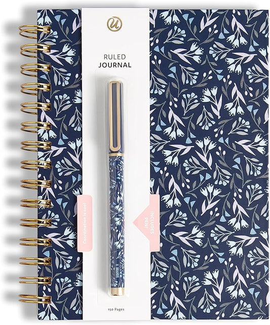 U Brands Navy Floral Spiral Bound Journal and Pen Set, Gold-Tone Hardware, 2 Pieces