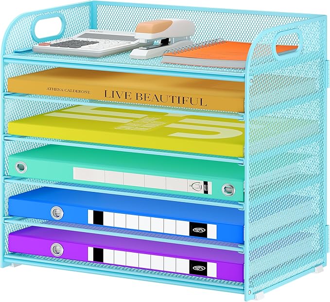 6 Tier Paper Organizer with Handle, Metal Desk Organizer Mesh Paper Letter Tray Desktop File Folder Document Sorter for Classroom, School, Office Accessories Organization and Storage - Blue