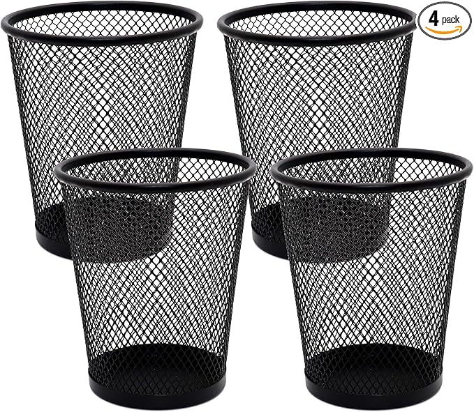 4 Pack Pen Holder Metal Mesh Pencil Holders Round Shaped Pen Holders for Desk Office Wire Mesh Container Pen Organizer,Black