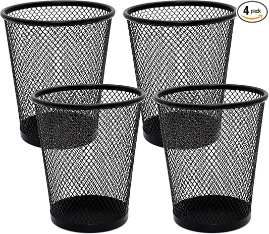 4 Pack Pen Holder Metal Mesh Pencil Holders Round Shaped Pen Holders for Desk Office Wire Mesh Container Pen Organizer,Black
