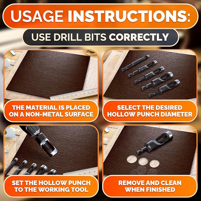 Leather Hole Punch Tool Set - 6 Pcs Drill Bits 3/16" 1/4" 5/16" 3/8" 7/16" 1/2" - High-Precision Leather Punch Tool for Belts, Fabric, and Crafts - Durable Carbon Steel, Sharp and Efficient