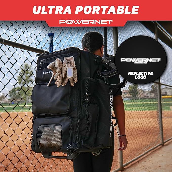 PowerNet Odyssey Softball & Baseball Bag, Rolling Backpack for Baseball Gear, Bat Bag with 4 Bat Sleeves, Cleat Compartment & Hanging Hooks