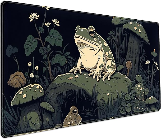 Kawaii Mushroom Cute Frog Desk Mat Anime Gaming Mouse Pad Dark Green Forest Mousepad XXL, Large Extended Laptop Keyboard Mouse Mat Desk Pad 31.5x15.75 in, Non-Slip Rubber Base with Stitched Edges