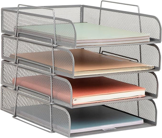 Mind Reader Stackable Paper Tray, Desktop Organizer, File Storage, Office, Metal Mesh, 10.5" L x 13.5" W x 11.25" H, 4 Pcs., Silver