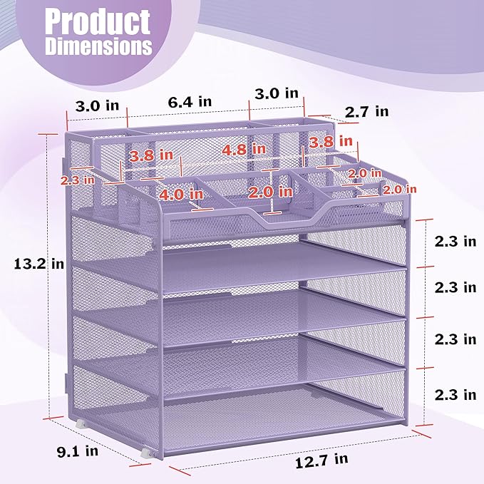 Docnest 5 Tier Mesh Desk Organizer for Paper Office Supplies – Multi-Functional Letter Tray with 5 Adjustable Compartments, 3 Pen Holders, Desktop Storage for Files, Mail, Stationery – Purple