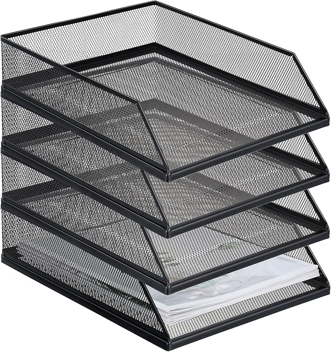 Hicarer 4 Pcs Black Metal Letter Tray Stackable Desk Tray Single Wire Mesh Organizer Front Load File Paper Holder for Desktop Office Home School Classroom (12.8 x 9.84 Inch)