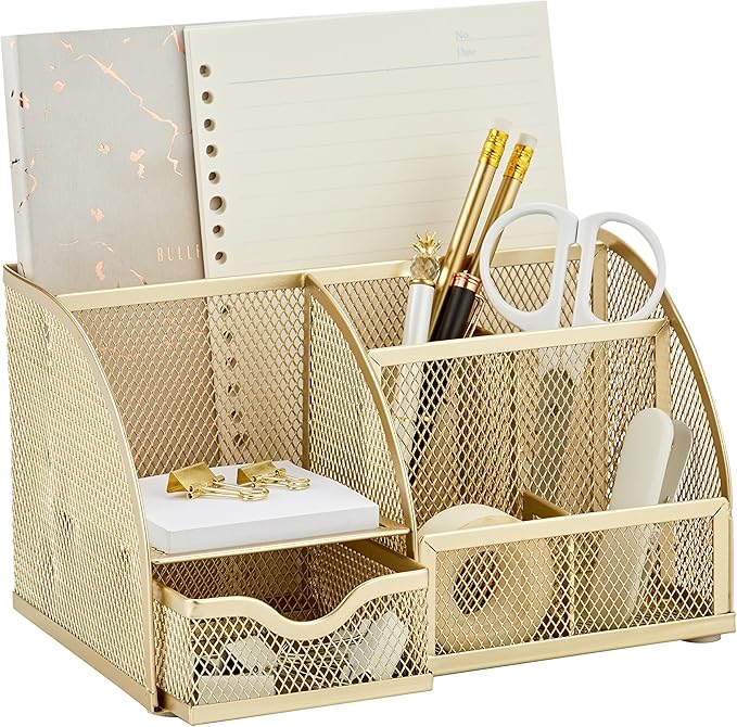 Annova Mesh Desk Organizer Office with 7 Compartments + Drawer/Desk Tidy Candy/Pen Holder/Multifunctional Organizer (Gold)