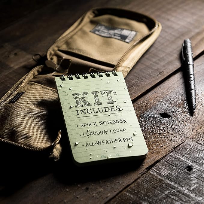 Rite in the Rain Weatherproof 3" x 5" Top-Spiral Notebook Kit: Tan CORDURA Fabric Cover, 3" x 5" Green Notebook, and an Weatherproof Pen (No. 935-KIT), Green / Tan