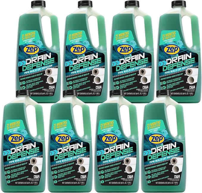 Zep Drain Defense Pipe Build-Up Remover - 64 oz (Case of 8) ZLDC64 - Professional Strength Liquid Pipe Build Up Remover