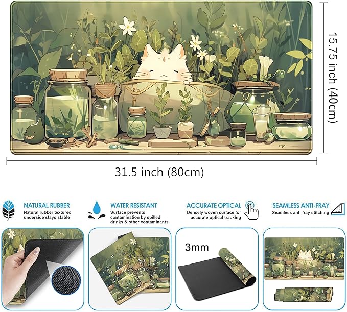 Cute Desk Mat Green Plant Cat Kawaii Sage Mouse Pad Gaming XXL Large Mousepad Extended Desk Matt for Desktop, Laptop Computer Keyboard Mouse Mat for Women Office Decor Accessories 31.5''x15.7''