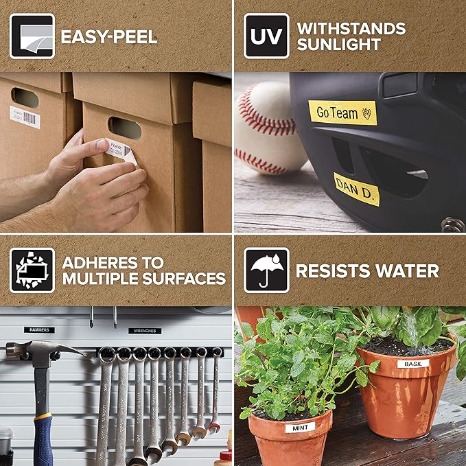 DYMO Labels for LabelManager and LabelWriter Duo Label Makers Great for Organization Indoor or Outdoor Use 1/2" (12mm) x 23' (7m) Black Print on White Tape Water Resistant Pack of 6