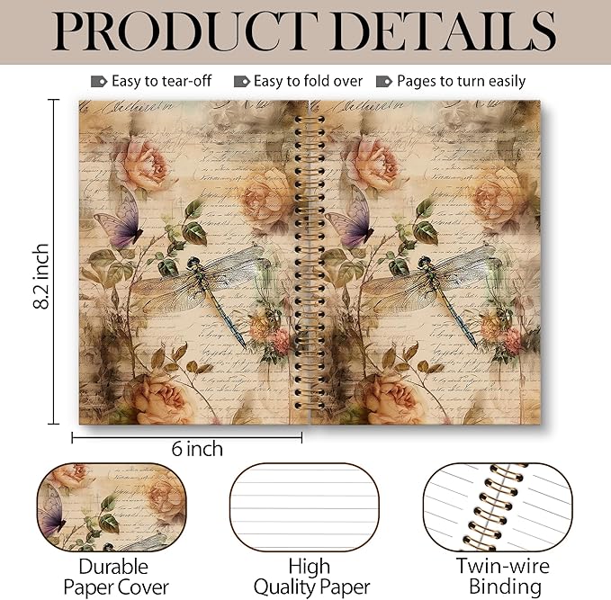 Vintage Dragonfly Notebook Journal - Dragonflies Floral Flower Spiral Notebook, Vintage Notebooks Dragonfly Gifts for Women, Shabby Chic Decor Dragonflies School Office Supplies, 6x8.2In