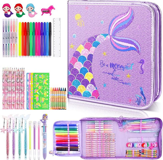 Mermaid Art Craft Kit for Kids, 56 Piece Set with Pencil Case, Markers, Crayons, Gel Pens, Erasers, Stencils, Ruler