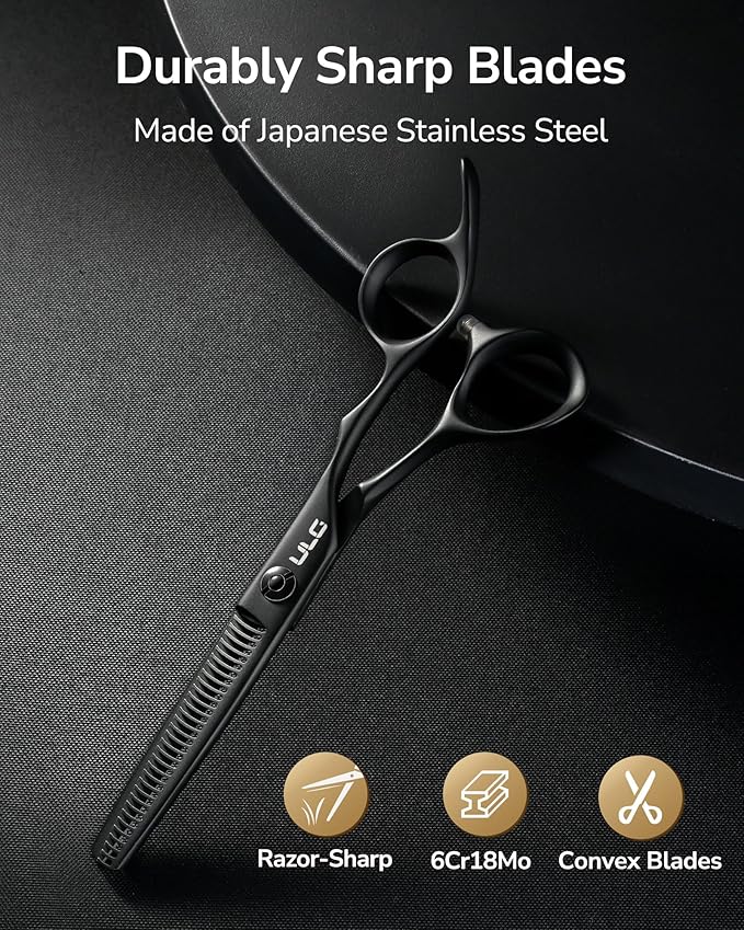 ULG Seamless Thinning Scissors – Professional Stainless Steel, Teflon Coated, Ergonomic Offset Handles, Precision Serrated Blades for Natural Hair Thinning and Layering, Ideal for Stylists and Barbers