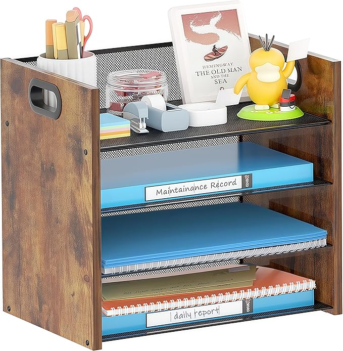 Wood Desk Organizer - 4-Tier Desktop File Organizer, Wooden Paper Organizer, Office Desk Organizer for Papers, Mail, Notebooks, Stationery