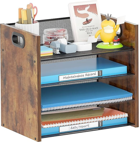 Wood Desk Organizer - 4-Tier Desktop File Organizer, Wooden Paper Organizer, Office Desk Organizer for Papers, Mail, Notebooks, Stationery