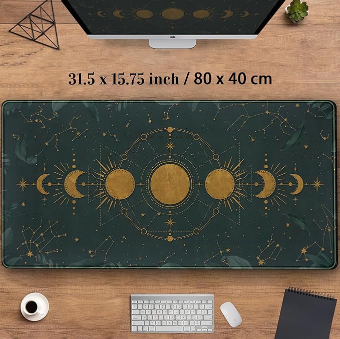 Dark Academia Mousepad Forest Green XXL Desk Mat Gold Moon Phases Large Extended Mouse Pad Gaming Laptop Keyboard and Mouse Mat Desk Pad, Non-Slip Rubber Base with Stitched Edges, 31.5x15.75 in