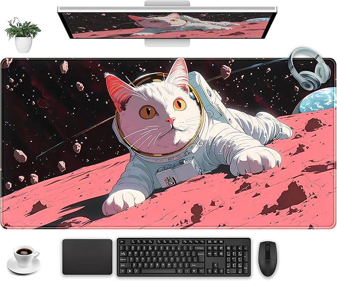 Cat Desk Mat Full Desk Mouse Pad Gaming Mat XXL, Fun Desktop Mats Computer Keyboard Pad Extra Large Mouse Mat, Laptop Mat with Stitched Edges, Office & Home Decor for Women 31.5" x 15.7"