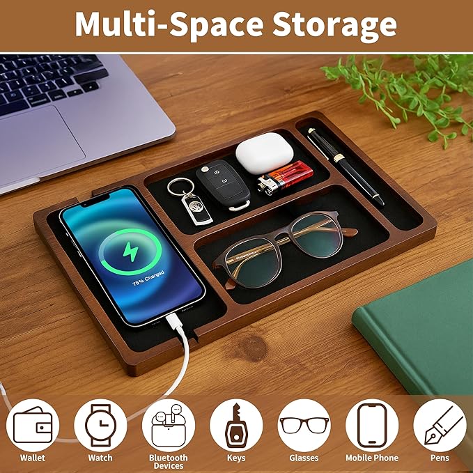 Valet Tray, Multi-Space Acacia Wood Leather Surface Desk Organizer Tray with Charging Assistance Port for Office or Study Room, Nightstand Organizer for EDC, Store Phone, Watch, Wallet, Keys, Jewelry