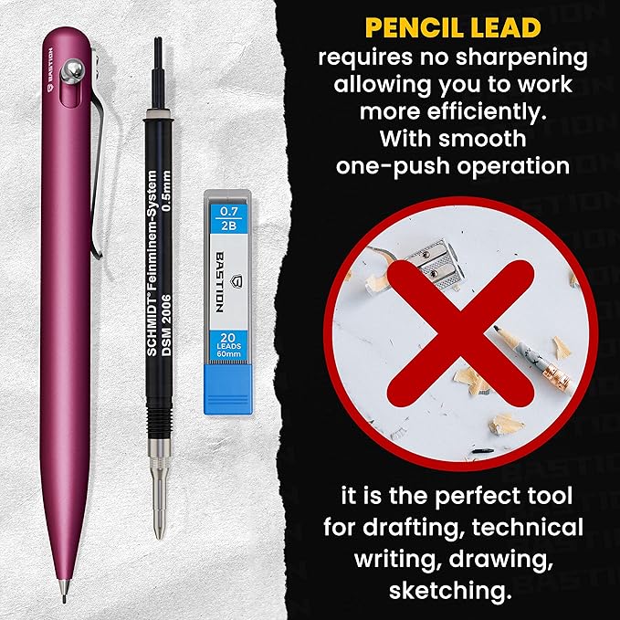 BASTION® Luxury Mechanical Pencil, Professional Lightweight Medium Point Aluminum Pencil for Birthday Gift includes 20 x 0.77mm Lead Refills - Pink
