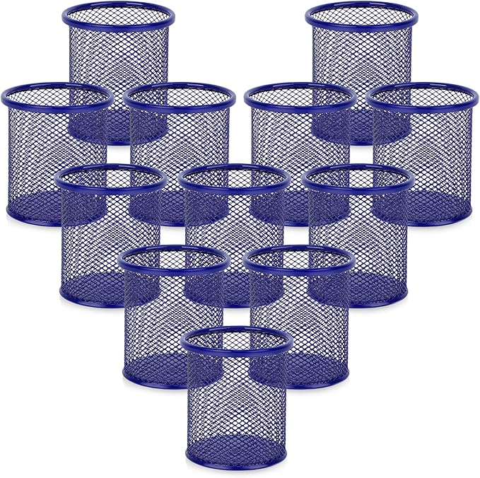 Segarty Pen Cup Holder for Desk, 12 Pack Round Dark Blue Pen Holder, Wire Mesh Pencil Cups Organizer Set for Office Supplies, School Classroom, Desktop Accessories, Makeup Brush