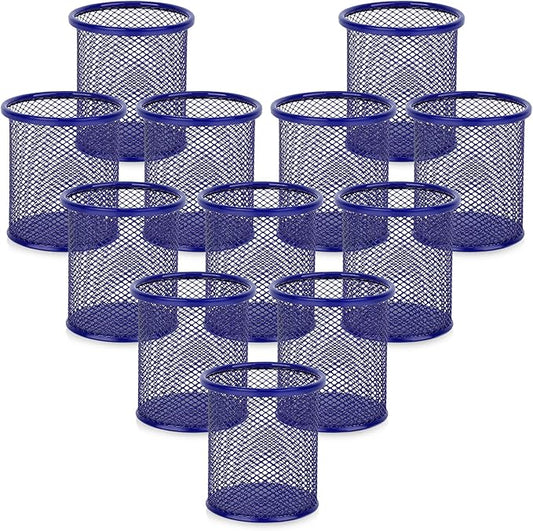 Segarty Pen Cup Holder for Desk, 12 Pack Round Dark Blue Pen Holder, Wire Mesh Pencil Cups Organizer Set for Office Supplies, School Classroom, Desktop Accessories, Makeup Brush