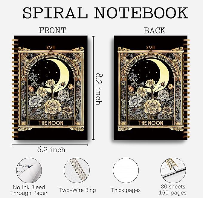 Tarot Card Notebook Journal - The Moon Tarot Notebook, 5.5×8.3 Tarot Spiral Bound Notebook Aesthetic with 164 Pages, Witch Journal, Witch Gifts