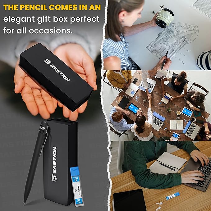 BASTION® Luxury Mechanical Pencil, Professional Lightweight Medium Point Aluminum Pencil for Birthday Gift includes 20 x 0.77mm Lead Refills - Black