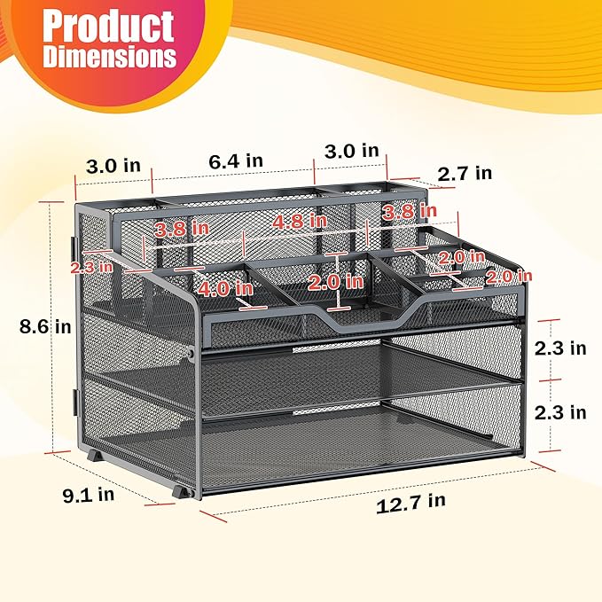 Docnest 3 Tier Mesh Desk Organizer for Paper Office Supplies – Multi-Functional Letter Tray with 5 Adjustable Compartments, 3 Pen Holders, Desktop Storage for Files, Mail, Stationery – Black