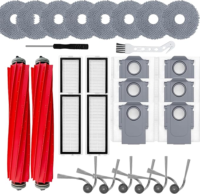 28Pcs Accessories Replacement Kit for Roborock QV35A/QV35S,QR798/QR598 Robot Vacuum,2 Main Brush,4 Filters,8 Mop Pads,6 Dust Bags,6 Side Brushes,2 Tools