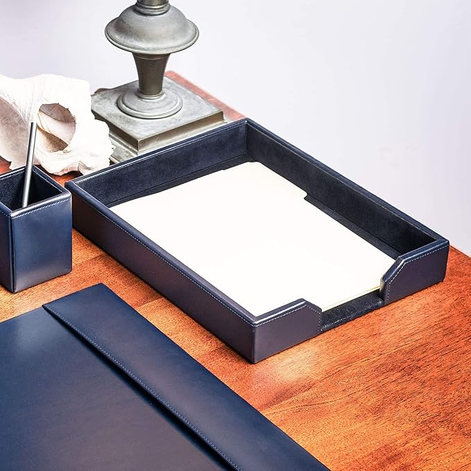 DACASSO Bonded Leather Desktop Letter Tray - Luxury Letter Holder & Paper Organizer for Desk - Office Organization & Executive Desk Decor - (Navy Blue) 13.5 x 10.5 x 2