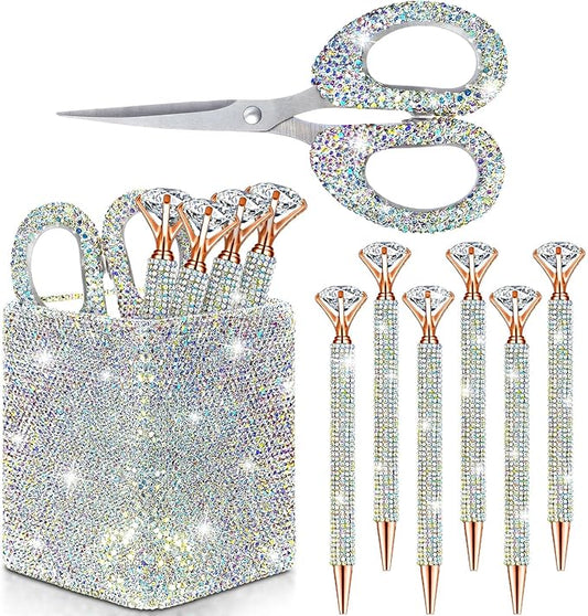 Qilery 8 Pcs Bling Desk Accessories Gift with 1 Bling Pen Holder 6 Pcs Crystal Rhinestone Pens 1 Crystal Scissors Glitter Makeup Brush Holder Vanity Decor Organizer(Multicolor)